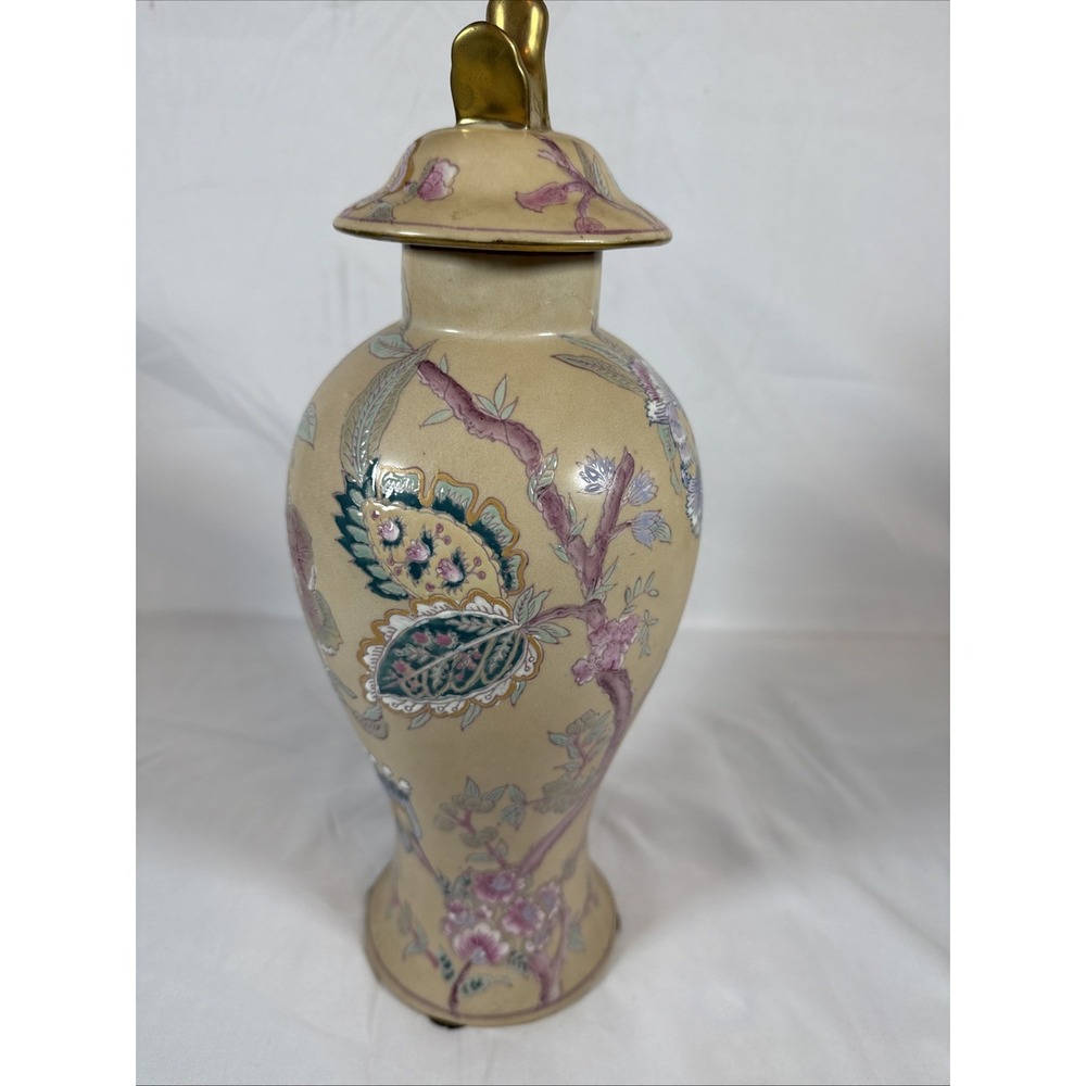 Vintage Asian Ceramic Porcelain Lidded Floral Vase Hand Painted 15" China